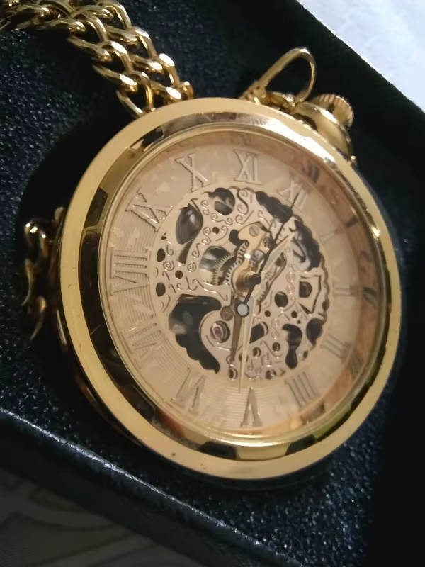 Imagem real do relógio Chronos posicionado na caixa, capturando sua sofisticação e detalhes autênticos do design esqueleto.