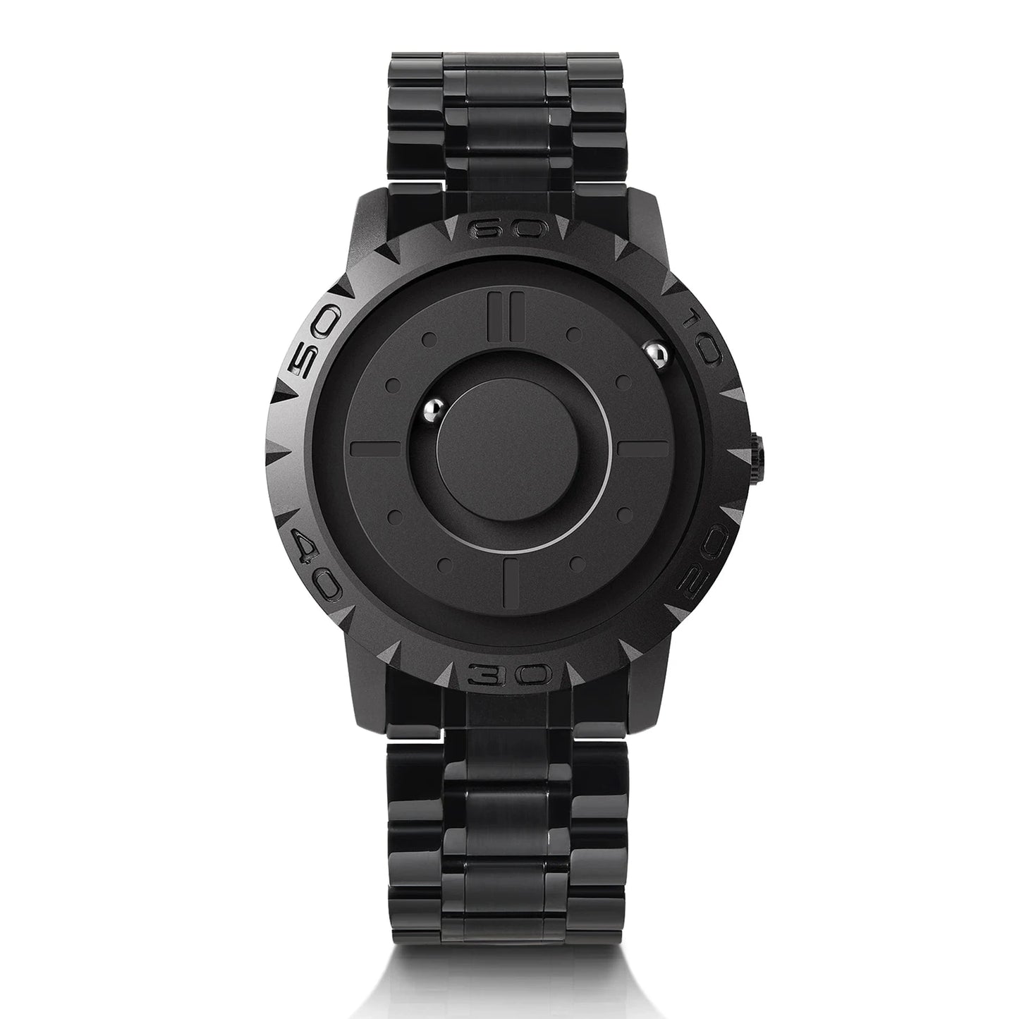 Relógio futurista com pulseira de aço inox e caixa robusta