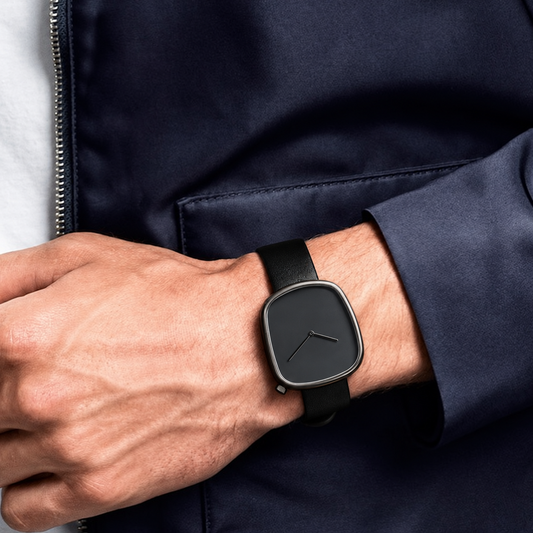 Relógio Noble L001 Ônix no pulso combinado com roupa azul-marinho