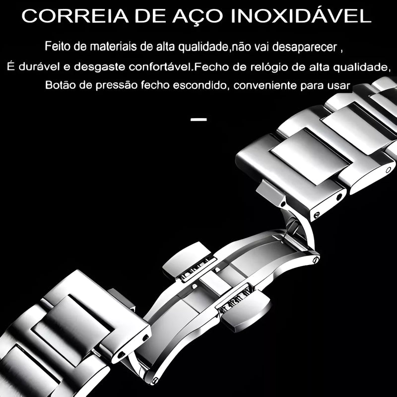 Pulseira de aço inoxidável do relógio Noble Elite Meridian com fecho oculto, ajustável para conforto e estilo.