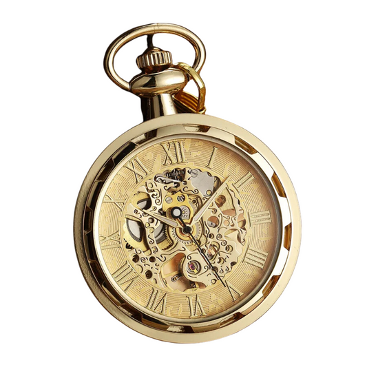 Imagem do relógio de bolso Chronos com fundo branco, destacando seu design esqueleto e caixa de aço inoxidável.