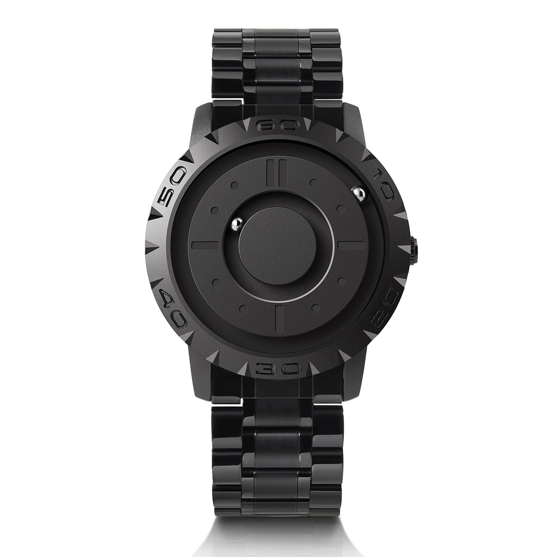 Relógio futurista com pulseira de aço inox e caixa robusta

