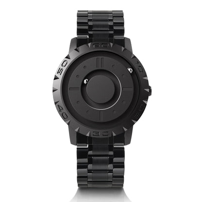 Relógio futurista com pulseira de aço inox e caixa robusta
